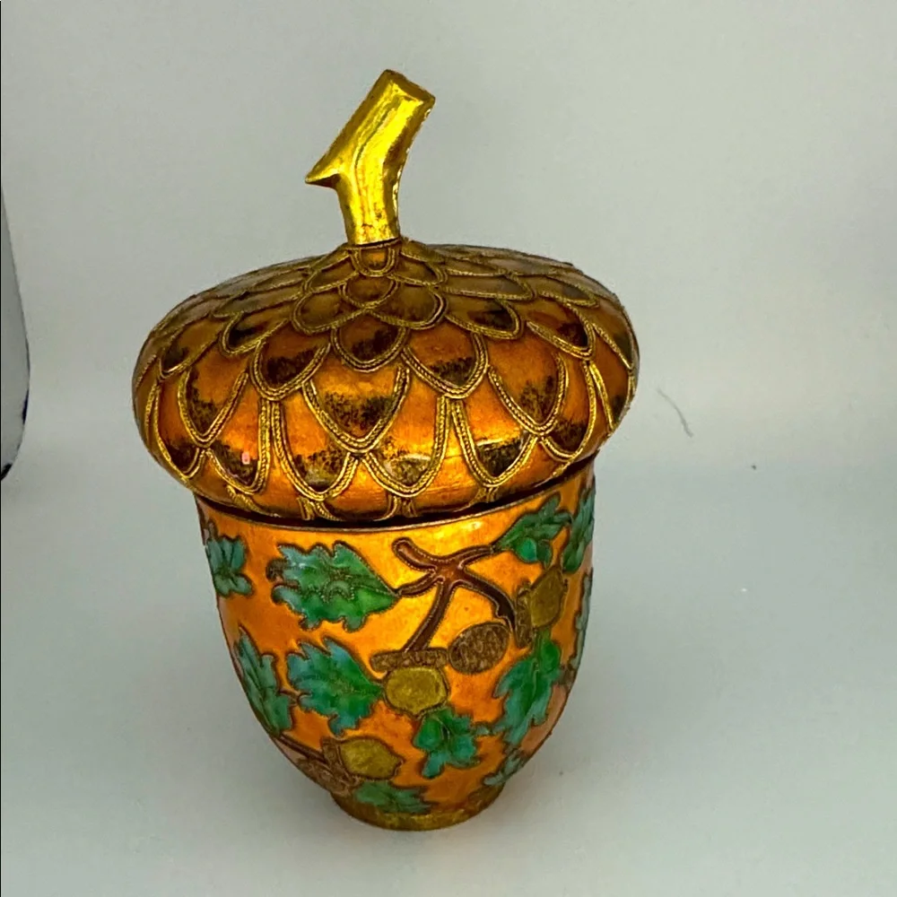Cloisonné Enamel Acorn Leaf Trinket Box (gold, green and brown)